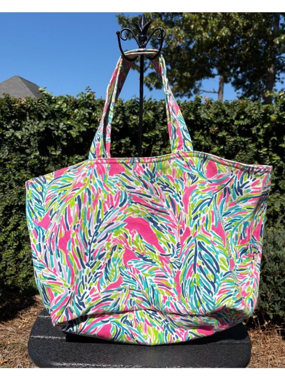 Lilly Pulitzer Palm Reader Print Canvas Beach Tote Pink Green Blue Large